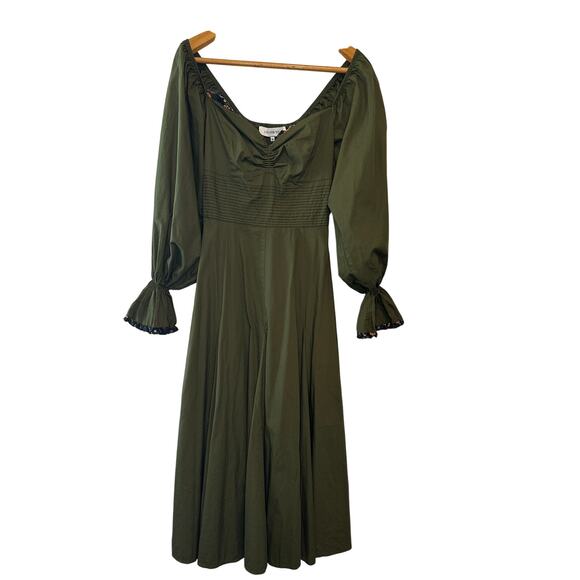 Lug Von Siga Army Green Serena Ruffle Cotton Poplin Midi Dress Size 6 - Picture 3 of 12